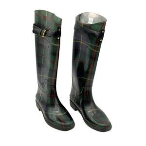 Women’s 9B Ralph Lauren Rossalyn II Rain Boots Green Tartan Plaid Tall